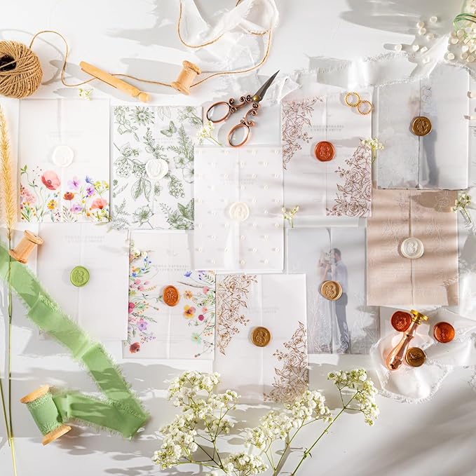 50 Pack Pre-Folded Vellum Jackets For 5x7 Invitations,AZAZA Gorgeous Translucent Invitation Sleeves,115GSM Vellum Jackets 5x7, Wedding Invitation Accessories, For Weddings Birthdays,Rose Golden Roses