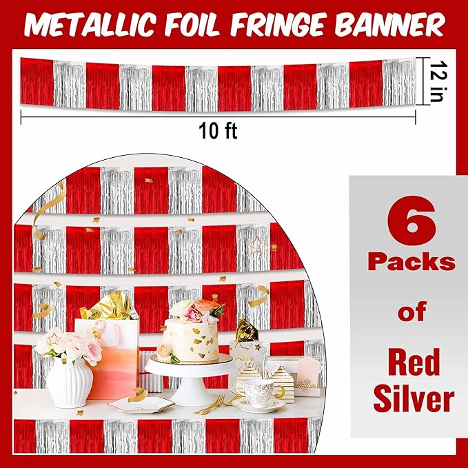 6 Pack 10 Feet Red and Silver Tinsel Foil Fringe Garland, Metallic Streamers Banner Wall Hanging Garland for Parade Floats, Graduation, Birthday, Baby Shower, Disco, Celebration Party Decoration