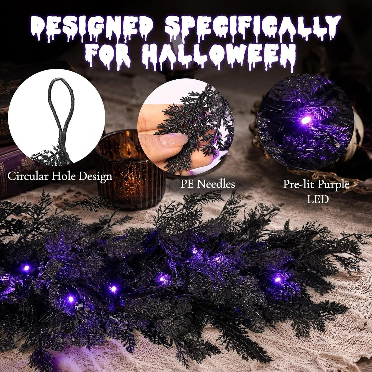 pre-lit halloween garland 9ft decorations black real touch showing dimensions
