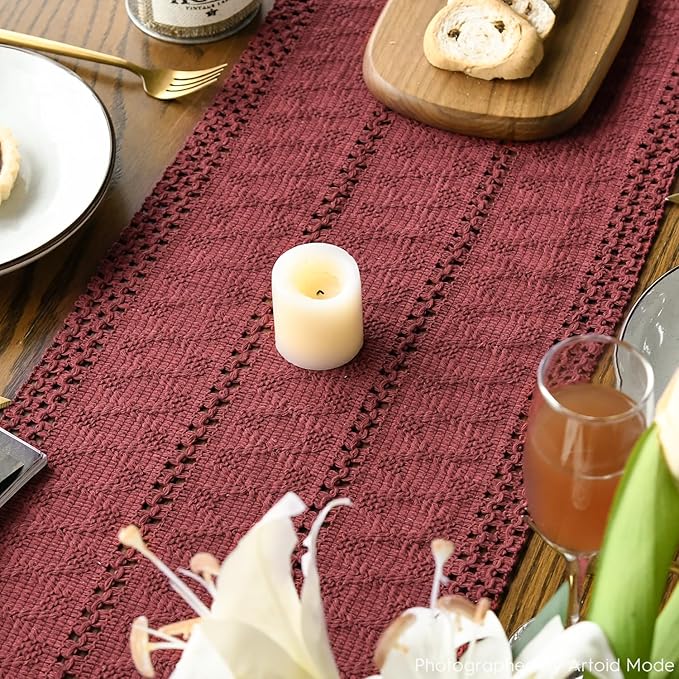 Artoid Mode Red Farmhouse Woven Rustic Hollow Table Runner, Seasonal Holiday Kitchen Dining Table Decoration for Home Party Decor 12x36 Inch