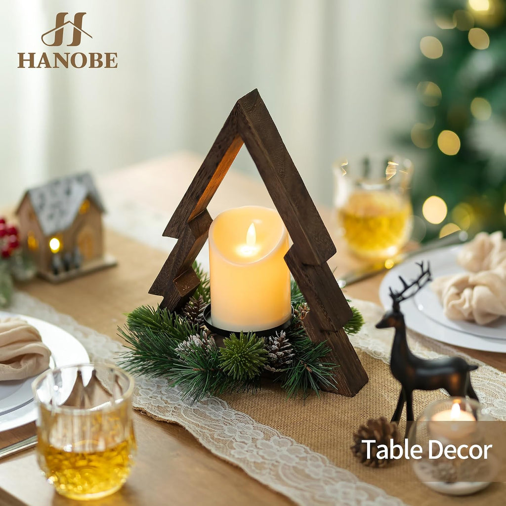 Hanobe Farmhouse Christmas Table Decorations: Rustic Wood Christmas Centerpiece Tree with Pine Ring & Remote Timer LED Candle for Home Shelf Mantel Office Decor