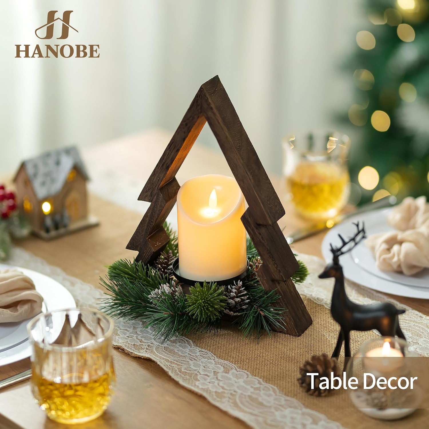 Hanobe Farmhouse Christmas Table Decorations: Rustic Wood Christmas Centerpiece Tree with Pine Ring & Remote Timer LED Candle for Home Shelf Mantel Office Decor
