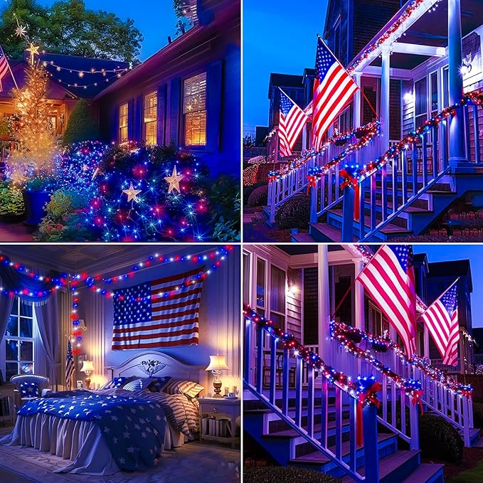 4th of July Decorations Lights Red White & Blue 100 Count 20 Feet Patriotic Mini String Waterproof Independence Day Lights for Indoor Outdoor Christmas Party Patio Memorial Day Décor