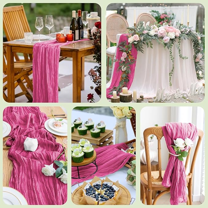 Asee'm 12pcs Cheesecloth Table Runner 120 Inches Long Deep Pink Boho Gauze Cheese Cloth Runner 10FT Rustic Sheer Table Runners for Christmas Wedding Party Baby Shower Spring Easter Decoration