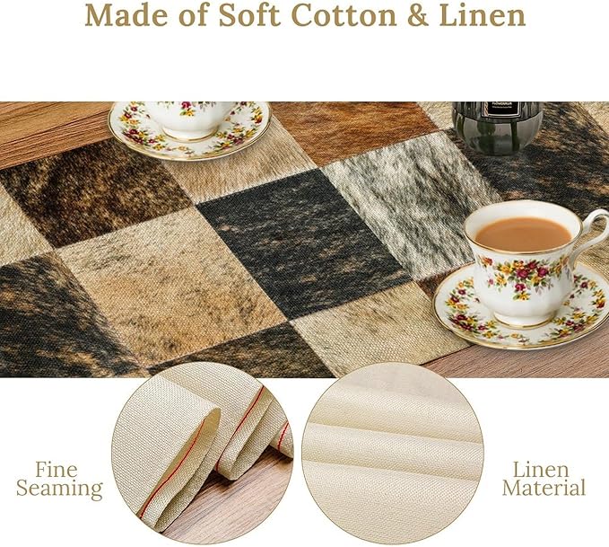 Rustic Cow Skin Patchwork Print Table Runner, Farmhouse Country Western Style Fur Table Cover for Dinning Home Party Holidays Home Setting, 13x36 Inch