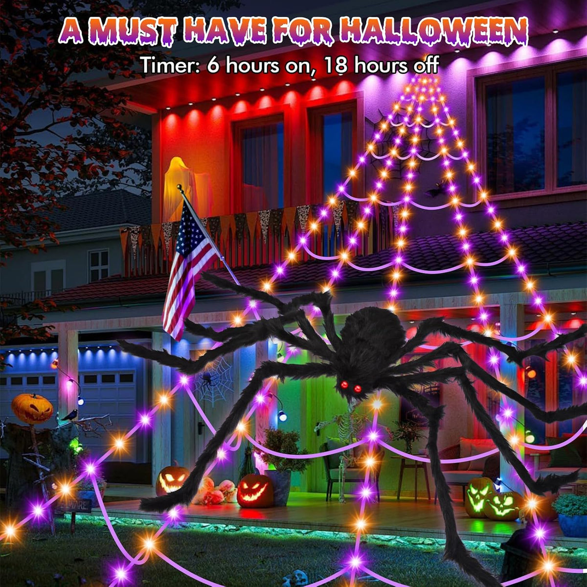 OCATO 200" Halloween Decorations Spider Web Lights Outdoor +59" Fak...
