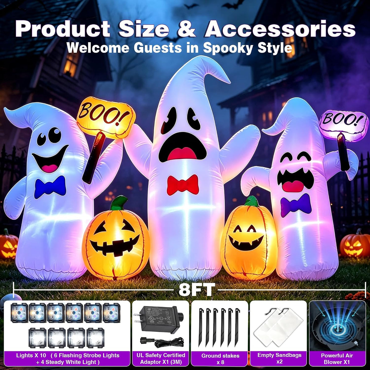8 Ft Long Halloween Inflatable 3 Ghosts and Pumpkins Decorations Outdoor