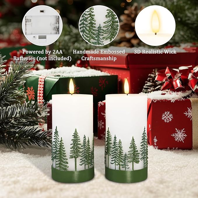 Silverstro Holiday Flameless Candles Green Hand Drawn Christmas Tree Design with Remote Control, Flickering Real Wax Christmas LED Candles - Home Party Bathroom Room Xmas Decorations - Set of 2