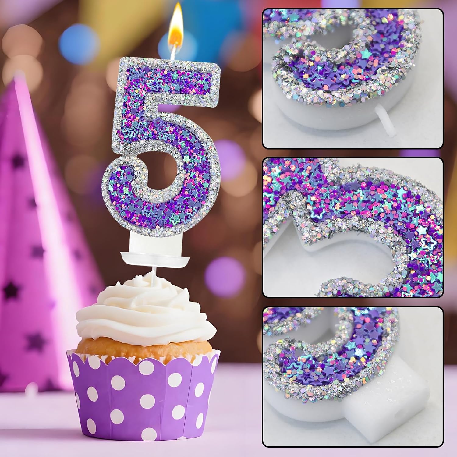 K-pop Number 5 Birthday Candle, Star Glitter Filled Number Candle, Purple Silver Fantasy Cake Topper for Birthday Party Decoration