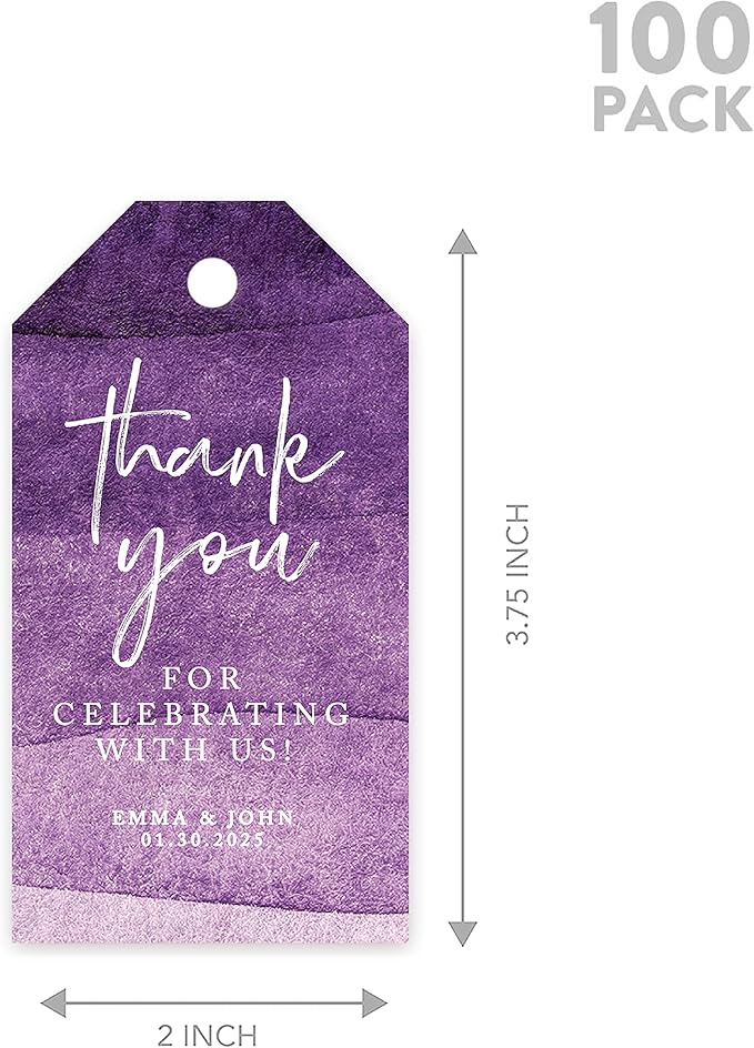 Andaz Press 100-Pack Personalized Thank You for Celebrating with Us Wedding Favor Tags with Bakers Twine Purple Ombre Watercolor Custom Cardstock Wedding Gift Tags for Party Favors 2 x 3.75-Inches