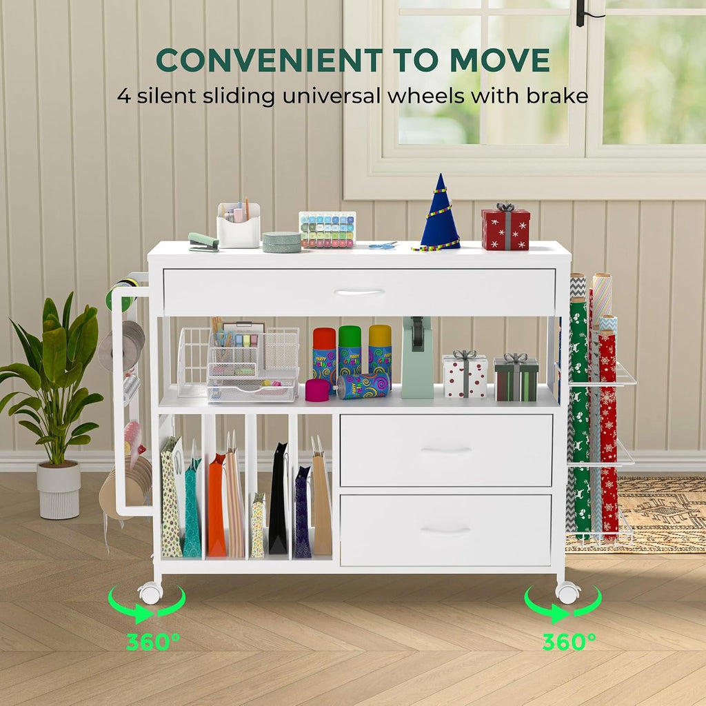 Wrapping Paper Storage & Organizer, Craft Cart with Ribbon & Gift Bag Storage, Wrapping Paper Organizer Holder(3 Wooden Drawers-White)