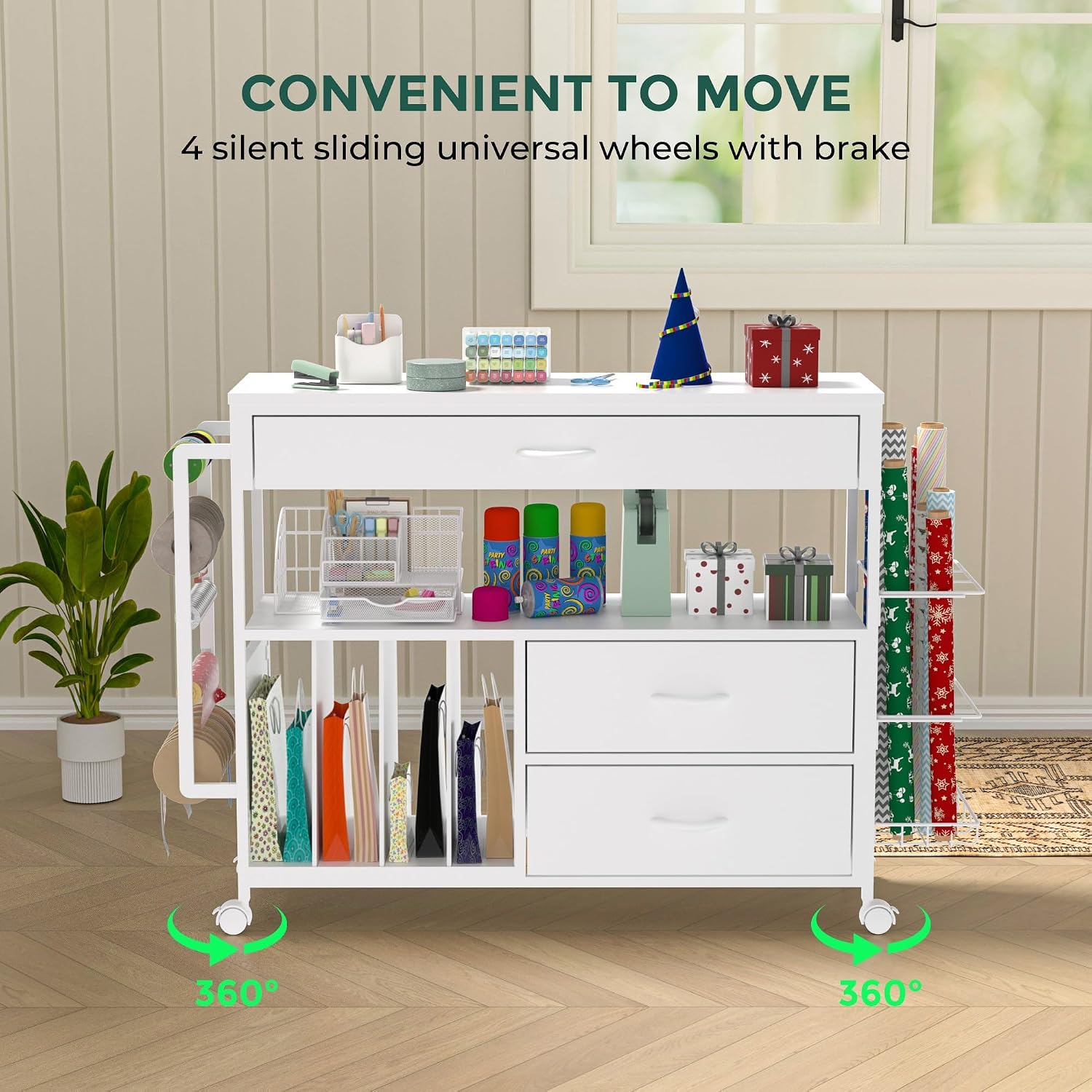 Wrapping Paper Storage & Organizer, Craft Cart with Ribbon & Gift Bag Storage, Wrapping Paper Organizer Holder(3 Wooden Drawers-White)