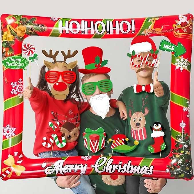 Christmas Photo Booth Props Inflatable Frame, 32Pcs Christmas Party Photo Booth Props with Inflatable Picture Frame Large for Xmas Holiday Party Selfie Supplies