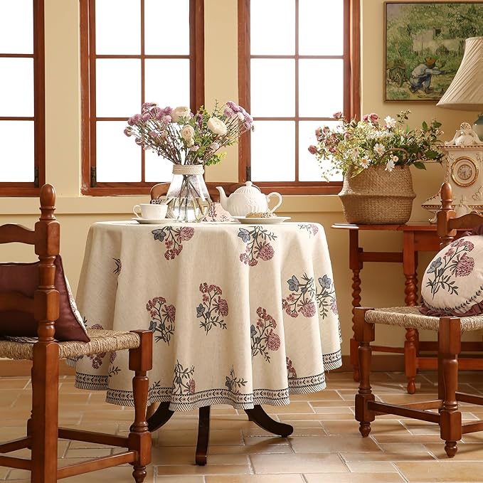 ISAENNE Designer Linen Light Beige Small Round Tablecloth,French Colorful Floral Table Cloth,Stain Resistant Decor Tablecloths for Dining Thanksgiving Christmas Kitchen,Diameter 55"-Helena E