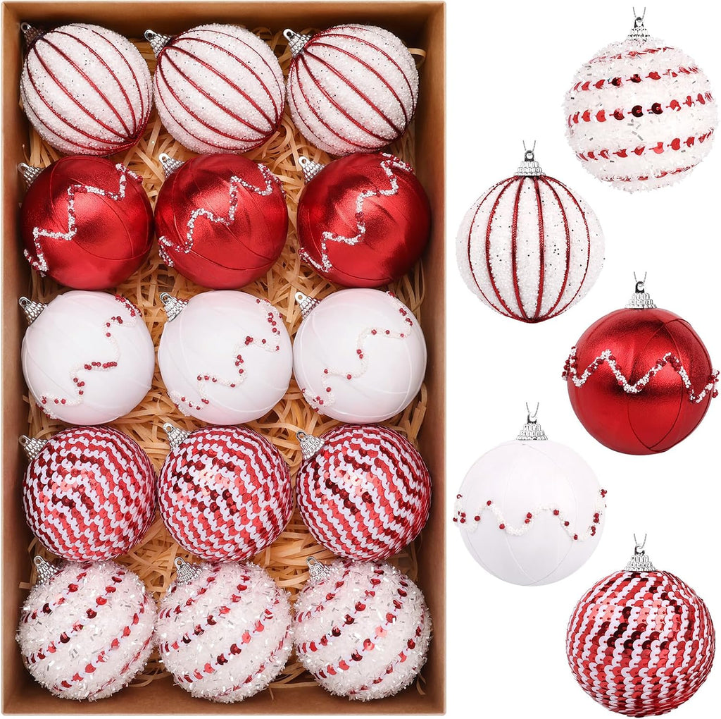 TranquilBliss Christmas Ball Ornaments, 3.14’’ 15 PCS Christmas Tree Decorations, Pre-Strung Hanging Balls Decorations for Xmas Tree, Wreath, Garlands, Holiday Party Home Decor (Red and White)