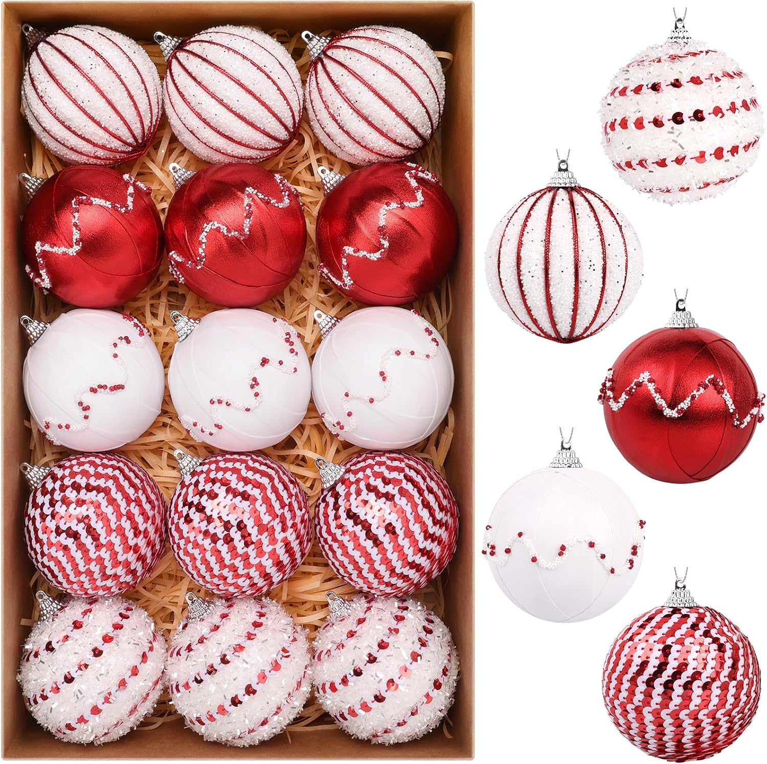 TranquilBliss Christmas Ball Ornaments, 3.14’’ 15 PCS Christmas Tree Decorations, Pre-Strung Hanging Balls Decorations for Xmas Tree, Wreath, Garlands, Holiday Party Home Decor (Red and White)