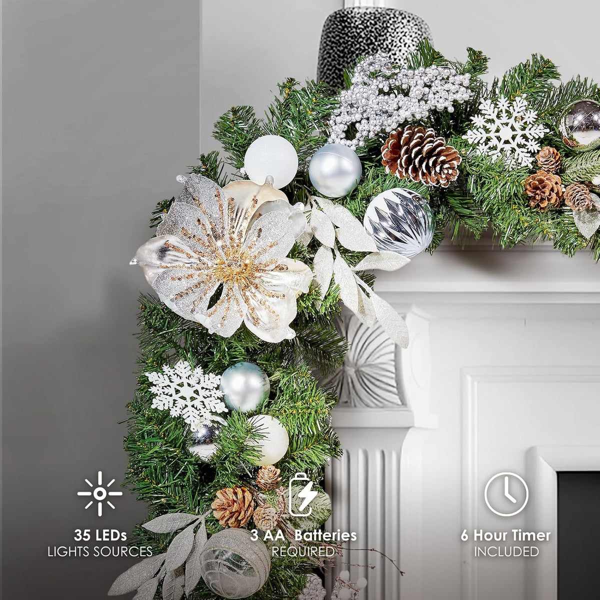 wbhome pre-lit 6 feet/72 inch christmas garland, white shown in use