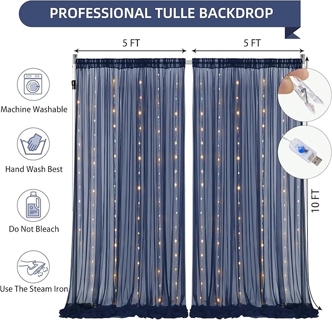 20×10ft Navy Blue Tulle Backdrop Curtain with Lights String for Parties, Sheer Photo Backdrop Curtains for Wedding Party Photography Background