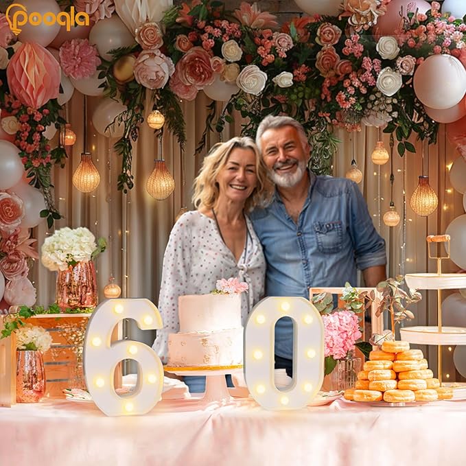 Pooqla Decorative Led Light Up Number Letters, White Plastic Marquee Number Lights Sign for 60th Birthday Party Wedding Decor Battery Operated Number (60)