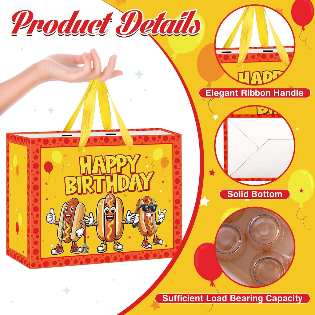 Cartoon Hot Dog Birthday Gift Bag Funny Hot Dog Themed Birthday Wrapping Paper Bag with Tissue Paper Card for Kids Adults Picnic BBQ Sausage Food Snacks Hotdog Bday Baby Shower Party Supplies