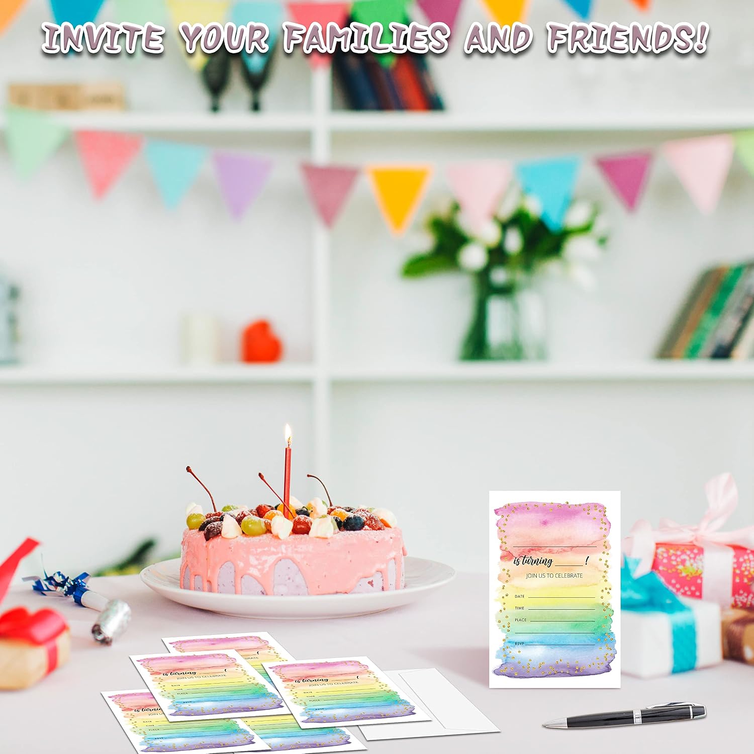 Colorful Rainbow Birthday Party Invitations, 20-Count Watercolor Rainbow Glitter Birthday Party Invites With Envelopes-HBYQK-B59