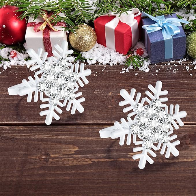 Halatool Christmas Napkin Rings Set of 8, White Snowflake with White Rhinestone Napkin Holder for Christmas Thanksgiving Winter Holiday Place Setting, Weddings, Party Table Decoration