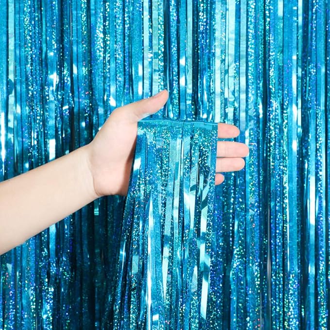 Melsan 2 Pack 3.2 ft x 8.2 ft Teal Tinsel Foil Fringe Curtains Backdrop, Sparkle Metallic Foil Curtains for Frozen/Mermaid/Under Sea Birthday Party Decoration