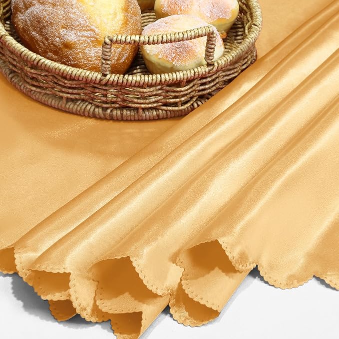 KKJIAF 1 Pack 108 Inch Round Table Cloth, Gold Overlay Round Satin Table Cover, Silky Satin Dining Tablecloths for Wedding Buffet Parties Banquet Decoration