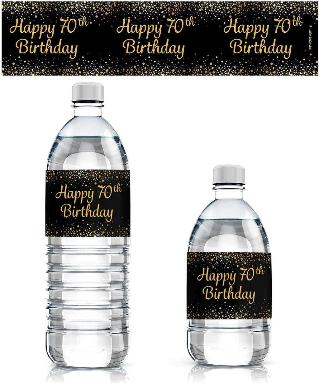 70th Birthday Party Water Bottle Labels – Black & Gold Birthday Decorations, 20 Stickers