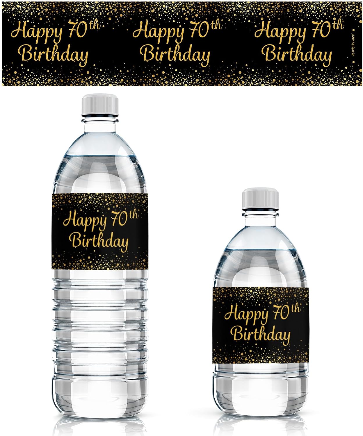 70th Birthday Party Water Bottle Labels – Black & Gold Birthday Decorations, 20 Stickers
