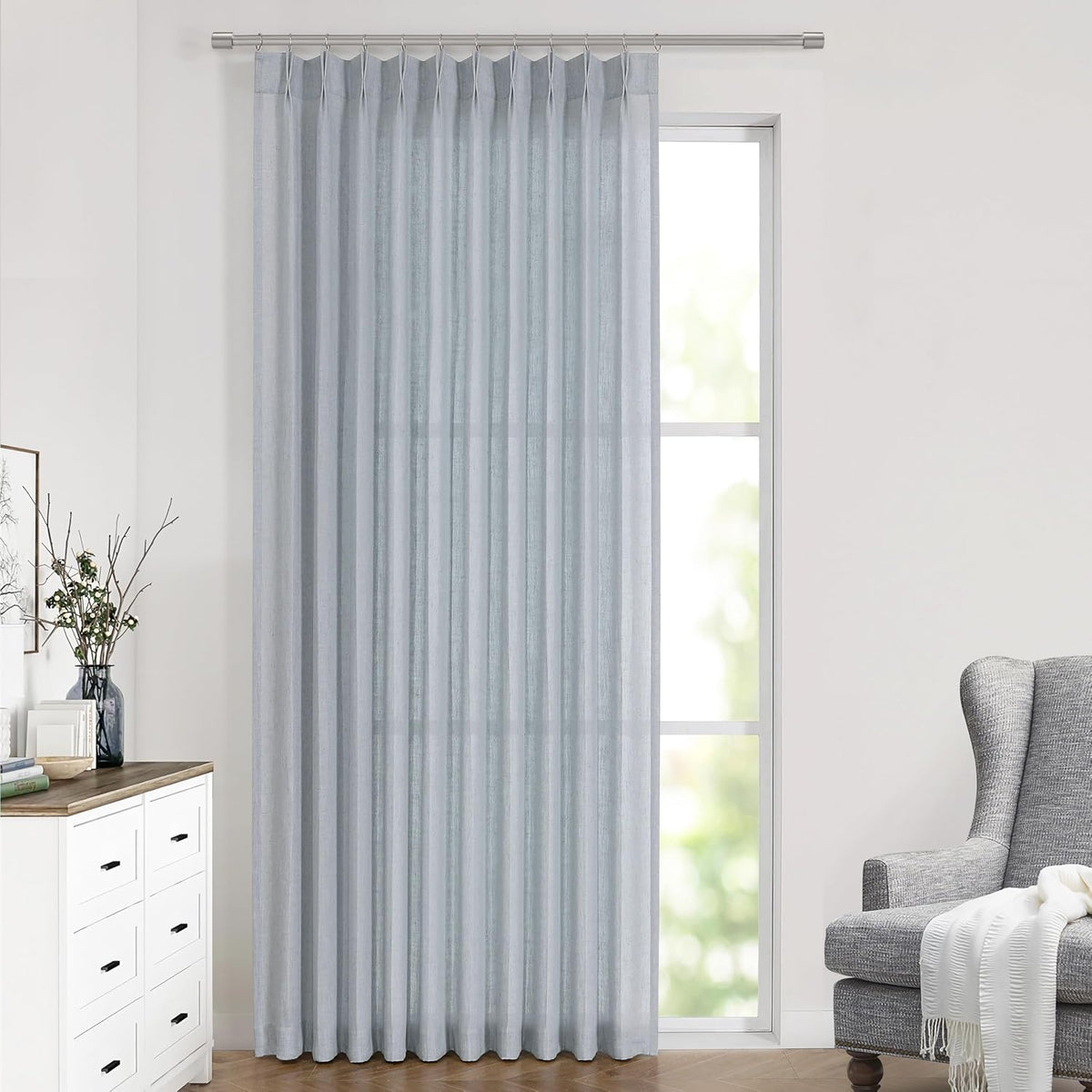 Vision Home Blue Grey Linen Pinch Pleated Semi Sheer Curtains 60Wx112Lx1