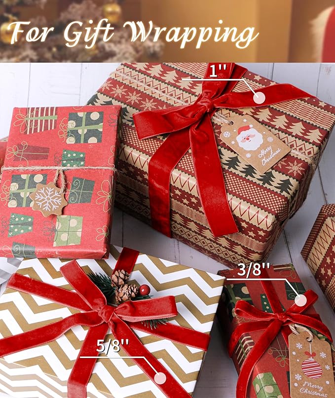 Red Velvet Ribbon 3/8'' 25 Yards for Christmas Tree, Gift Wrapping, Flower Bouquet, Wreath Decorations, Bow Making