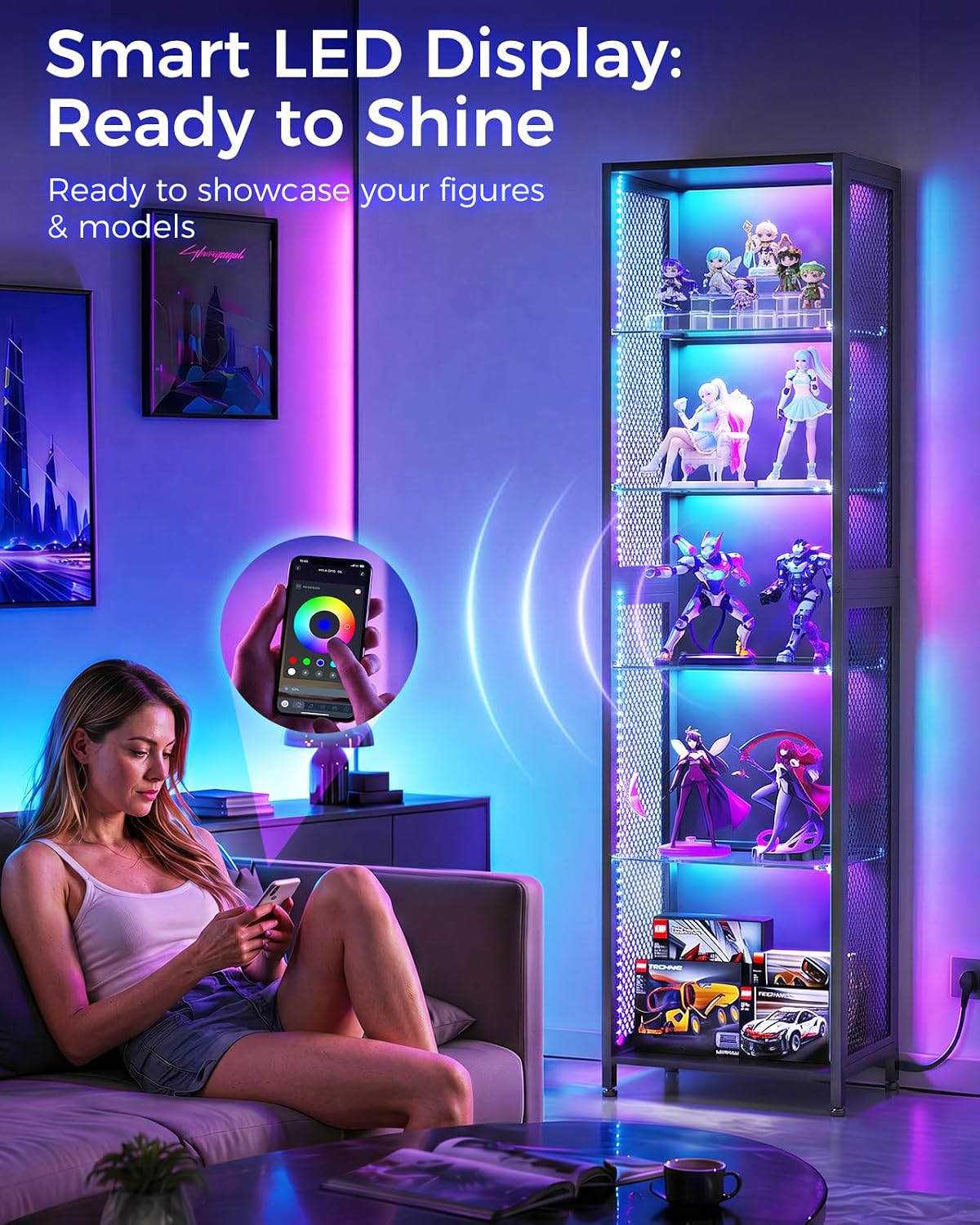 aodk 72" tall display case with led lights, close-up detail