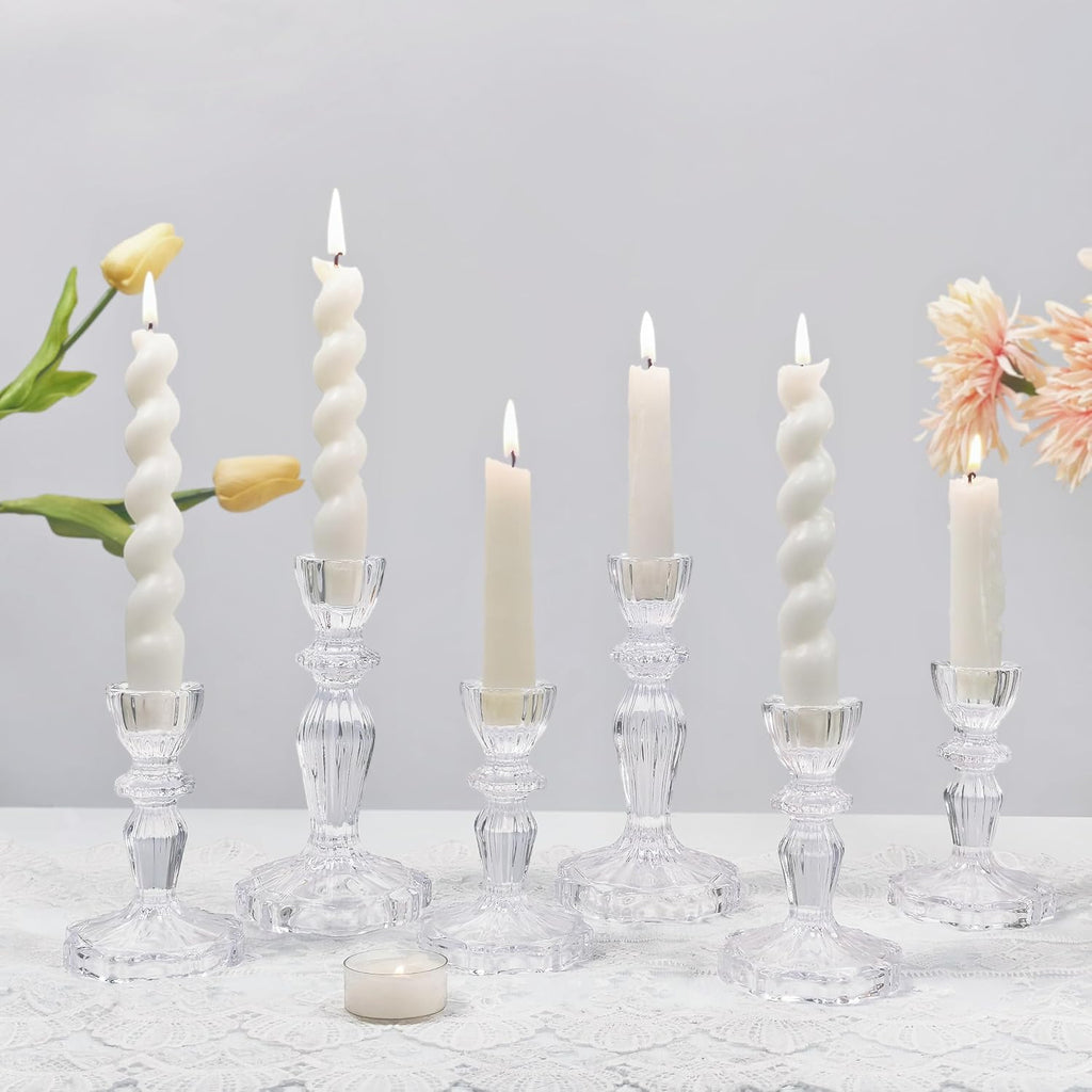 Glass Candlestick Holders Set of 6, Clear Stripe Taper Candle Holders for Table Centerpiece, Home Decorations, Wedding and Party