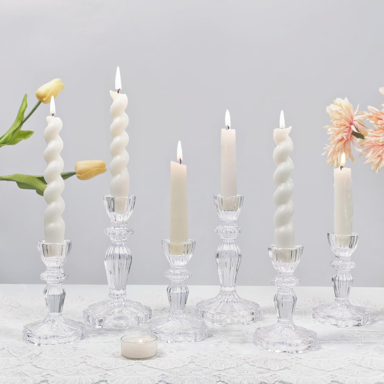 Glass Candlestick Holders Set of 6, Clear Stripe Taper Candle Holders for Table Centerpiece, Home Decorations, Wedding and Party