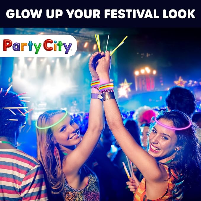 Party City 300 Glow Sticks Bulk Party Pack 8”– Neon Glow in the Dark Party Supplies, Glowsticks with Connectors Bracelets & Necklaces, Light Up Favors for Kids, Adults, Birthdays, Parties, Decorations