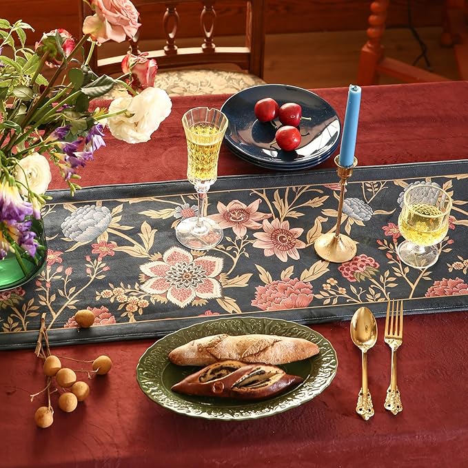 patdrea Designer Vintage Black Floral Velvet Table Runner 71 Inch Long, Pink Khaki Bouquets Pattern Table Mat, Decoration for Kitchen Dining Coffee Table Cabinet Banquet Thanksgiving,12"*71"