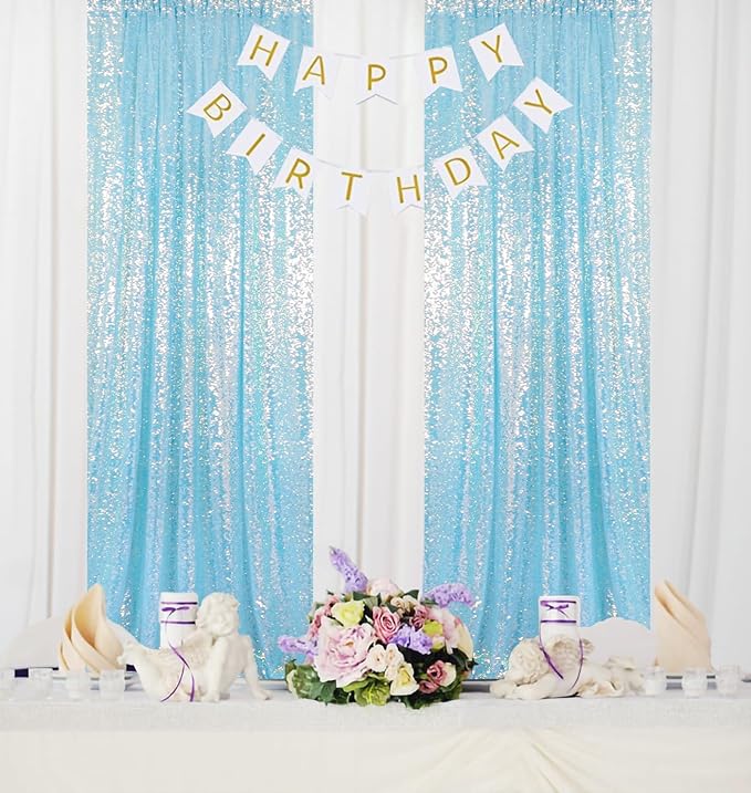 ShinyBeauty 4FTx8FT Iridescent Aqua Sequin Photo Backdrop | Glitter Fabric Wedding Party Background | Mermaid Theme Curtains (2 Panels) - Sparkly & Elegant Decor for Events