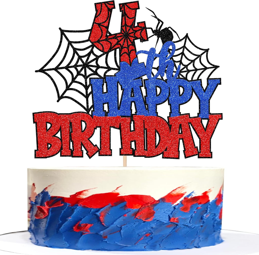 1 PCS Happy 4th Birthday Cake Topper Glitter Spider Web Cheers to 4 Years Four Birthday Cake Pick Superhero Spider Party Decorations for Boys Girls Happy 4th Birthday Party Cake Decorations Supplies