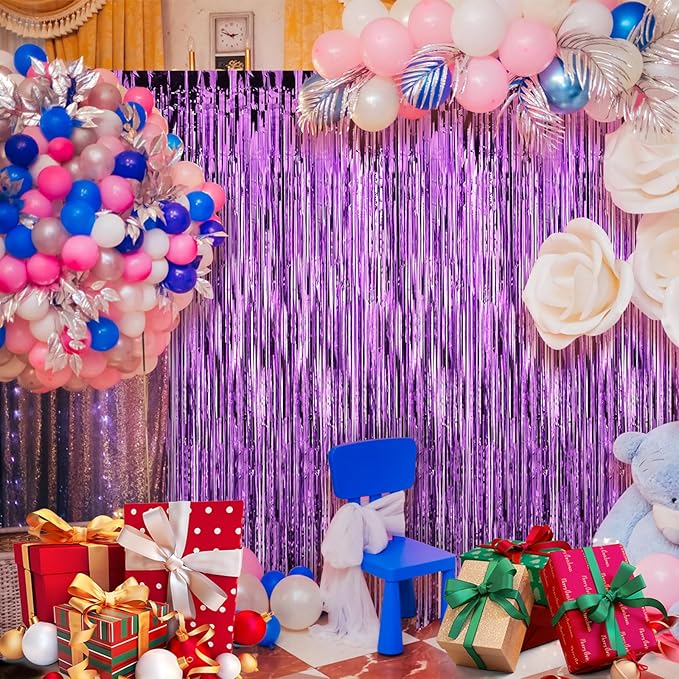 Crosize 2 Pack 3.3 x 9.9 ft Purple Foil Fringe Backdrop Curtain, Streamer Backdrop Curtains, Streamers Birthday Party Decorations, Tinsel Curtain for Parties, Galentines Decor, Preppy, Photo Booth