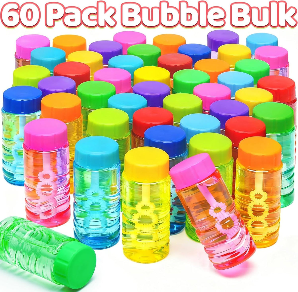 60 Pcs Neon Bubble Solution Bottles Bulk, Lid Attached Wands Party Favor