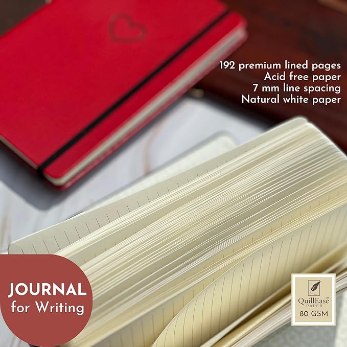 SETTINI Lined Journal, Ideal for Journaling - A5 Vegan Leather Notebook, 192 Archival-Quality Pages, QuillEase Bleed-Free Paper, Inner Pocket & Bookmark - Love Journal for Women, Red Heart