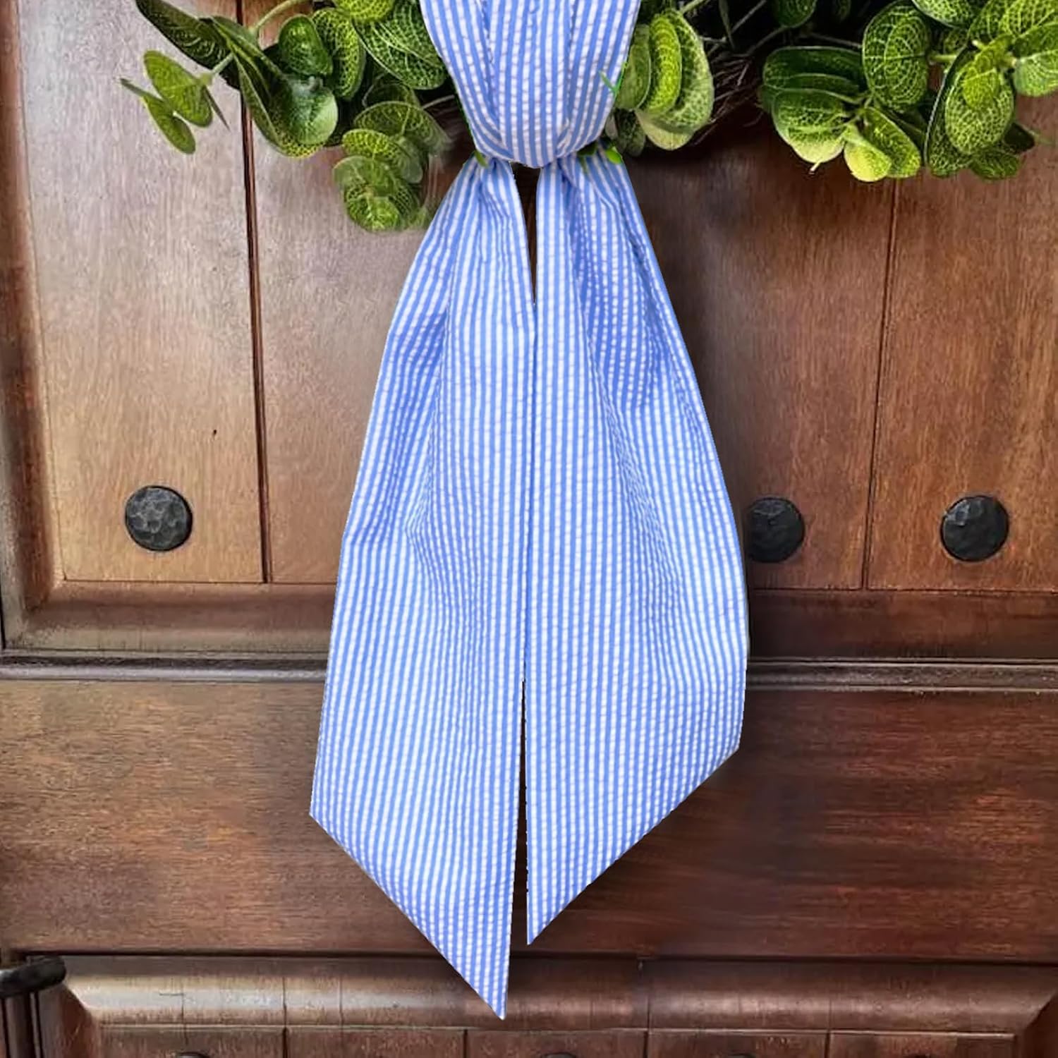 Baby Shower Wreath Sash for Front Door, Blue Seersucker Sash Holiday Stripes Wreath Accessories for Home Wedding Birthday Decorations