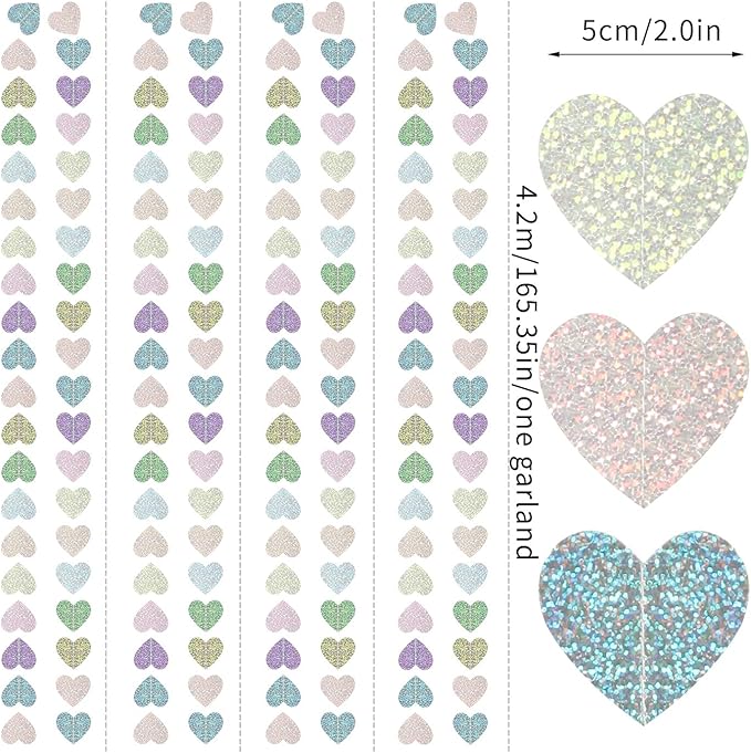 Iridescent Disco-Holographic Party-Decorations Heart Streamers-Garland - 52ft Glitter Dance Hanging Paper Banner, Wedding Bachelorette Birthday Euphoria Galentines Decor Hugfond