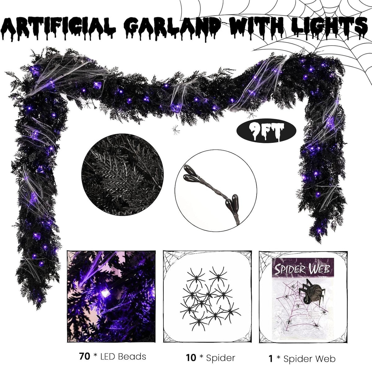 pre-lit halloween garland decorations black real touch cedar, close-up detail