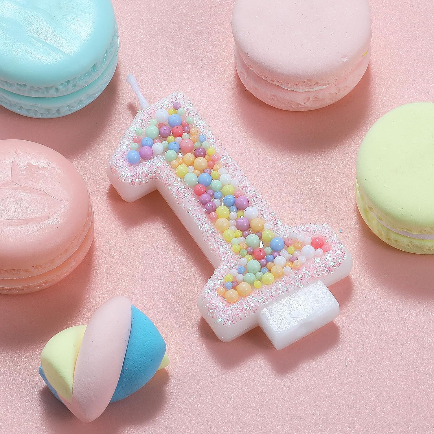 Pastel Macaron 1st Birthday Candle Sweet Pink Number 1 Candle Cake Topper Cupcake Decorations for Girls and Women Party Decor Anniversary Celebrations Supplies