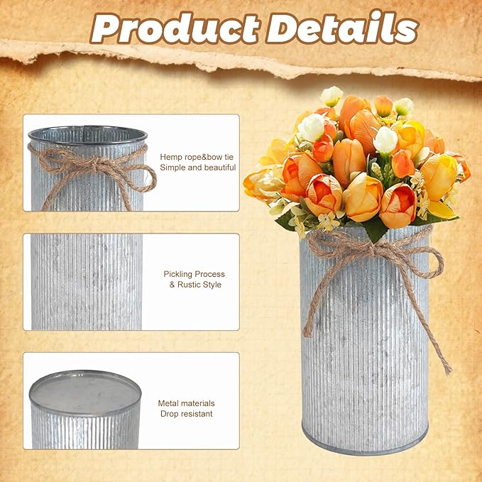 6" High Vase Centerpiece for Table, Rustic Farmhouse Mason Jars with Twine Bow, Vintage Galvanized Metal Flower Container for Wedding Home Decor (Silver, 6Pcs)
