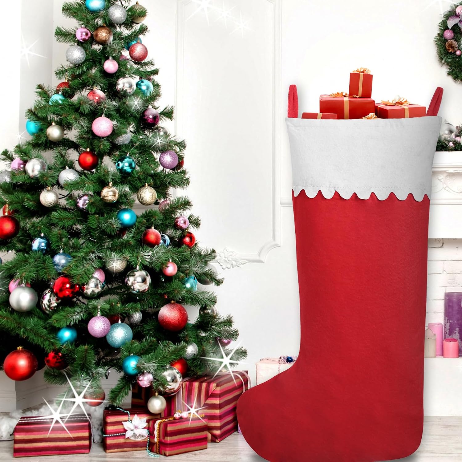 2 Pack Jumbo Felt Christmas Stockings, 38 Inches Large Red and White Felt Christmas Stockings for Xmas Tree Fireplace Hanging Decor and Holiday Party Family Home Decorations