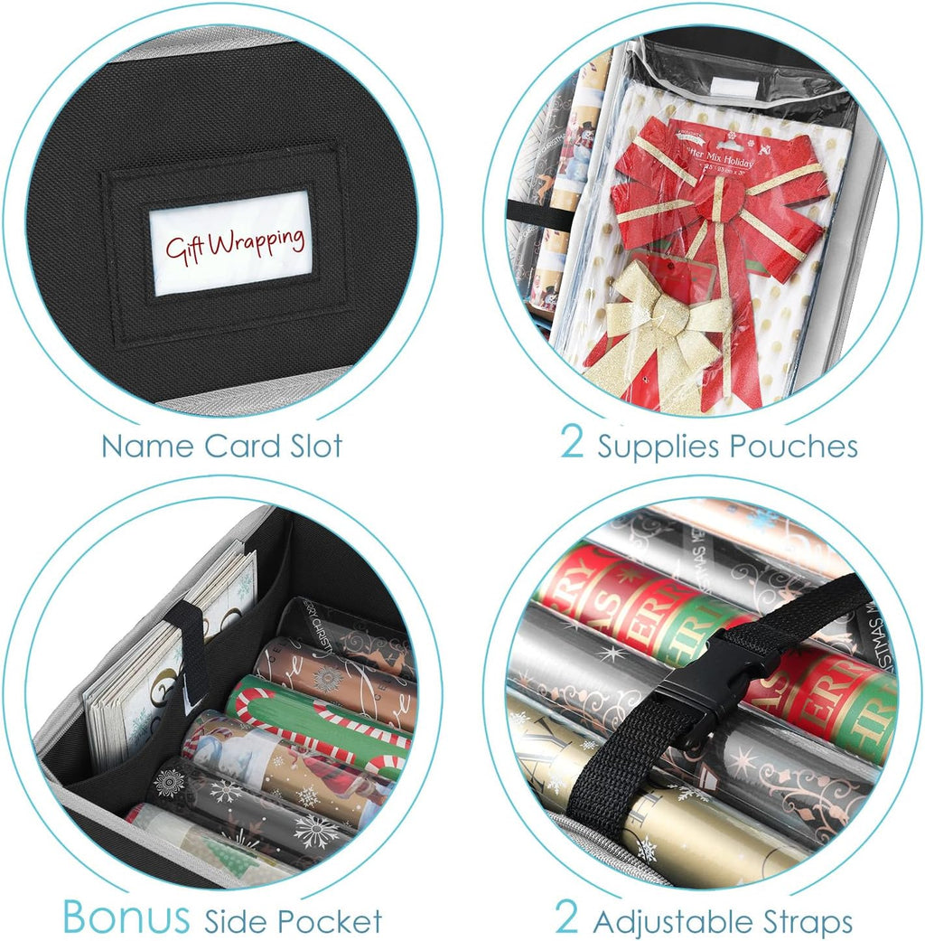 Hearth & Harbor Wrapping Paper Storage Container and Clear Wrap Paper Holder - Christmas Storage Bag with Interior Pockets - Fits Up to 36 Rolls of 40" - Tear Proof, Black