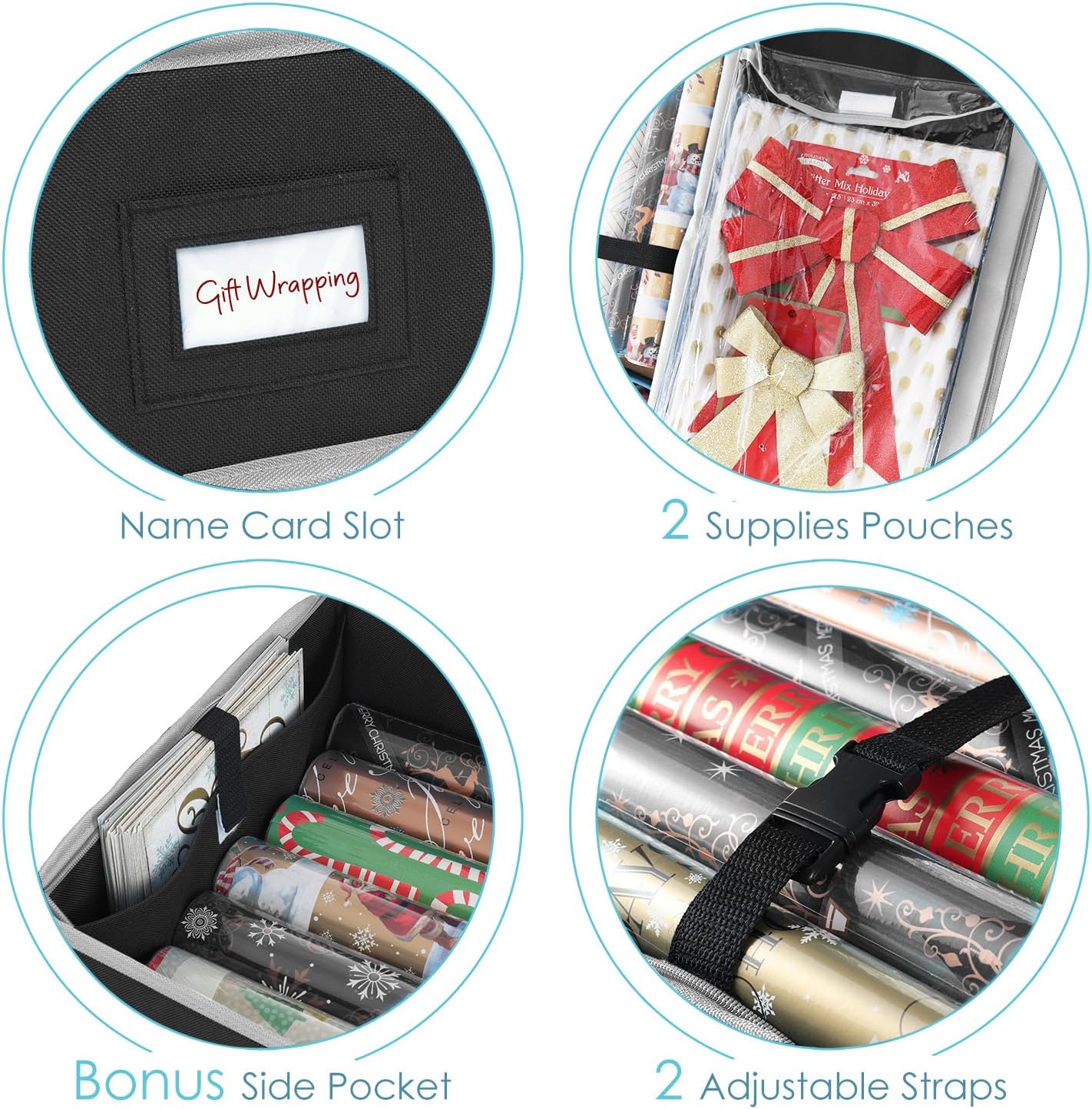 Hearth & Harbor Wrapping Paper Storage Container and Clear Wrap Paper Holder - Christmas Storage Bag with Interior Pockets - Fits Up to 36 Rolls of 40" - Tear Proof, Black